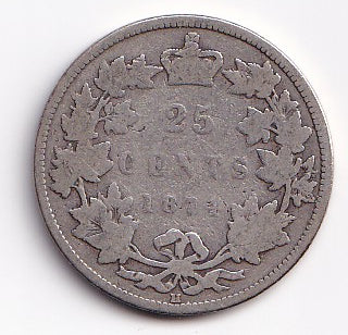 1874‑H Canadian 25 cents (Queen Victoria “Laureate” quarter) in About Good to Good (AG‑3 to G‑4) condition