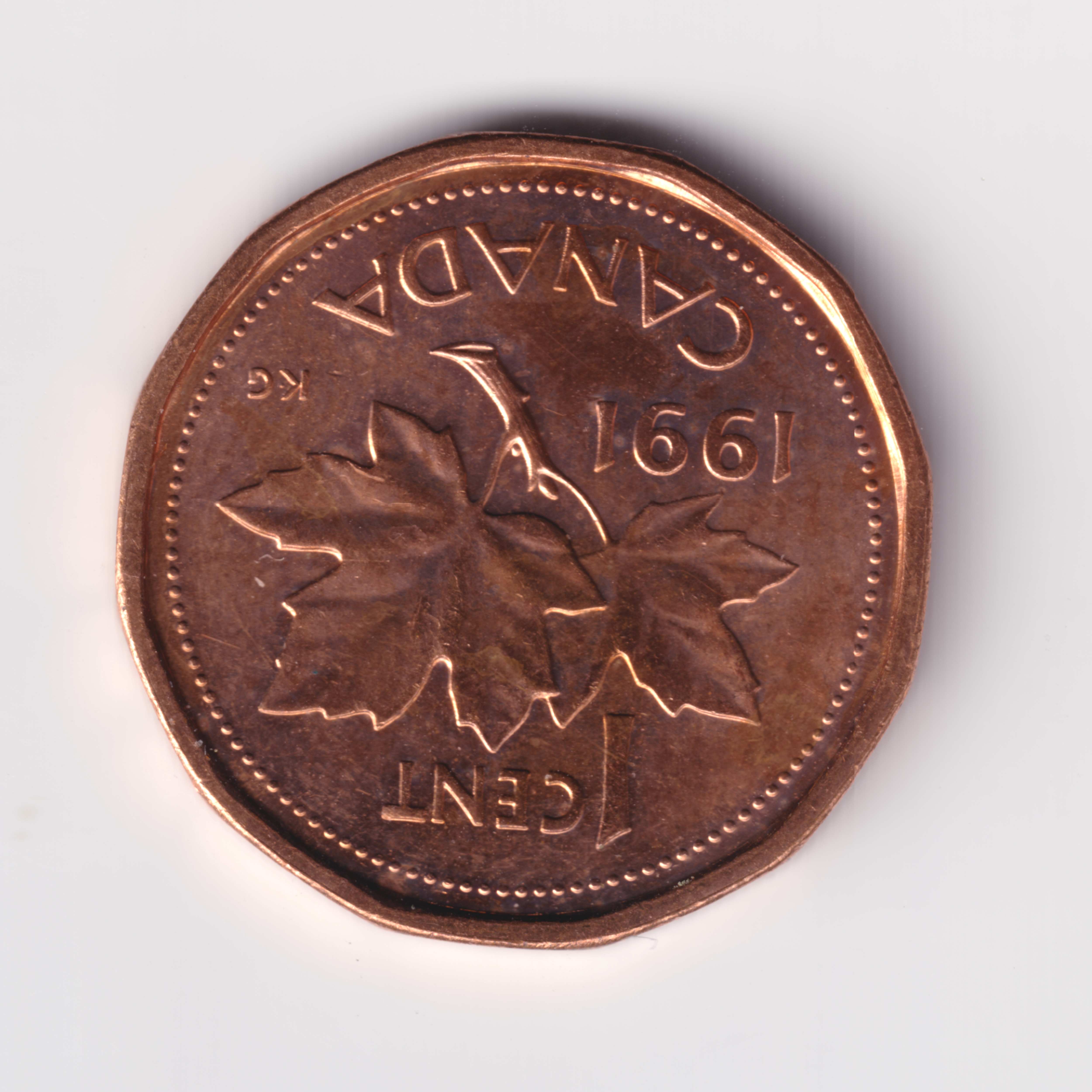 1991 Canadian 1-cent coin standard dodecagonal design - VF-20
