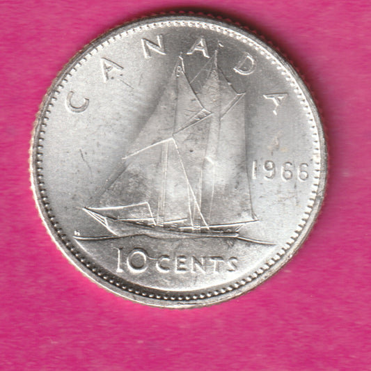 1 single coin from BU roll - 10 cent Canada dime 1966 - Brilliant Uncirculated - 80% silver