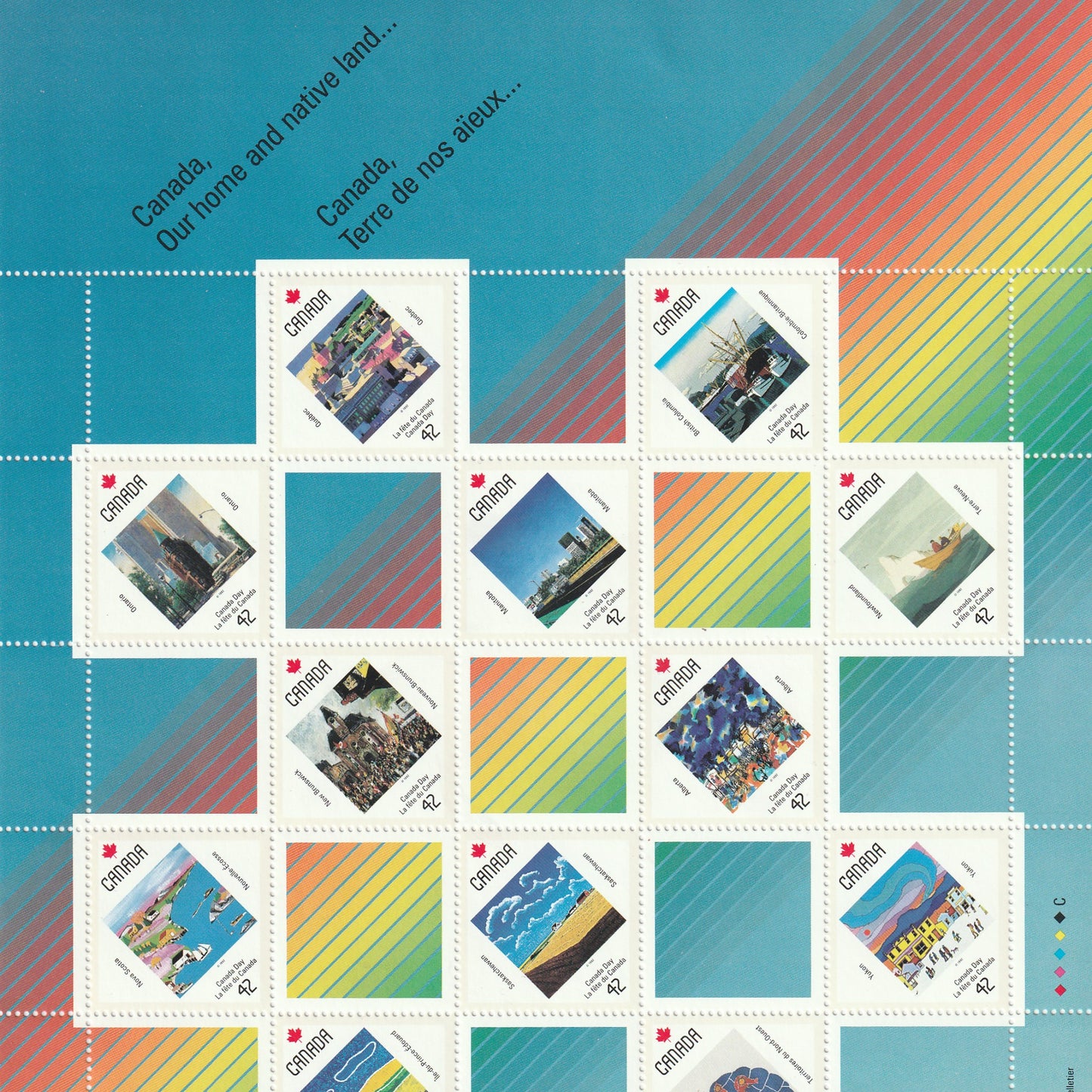 Uncut single sheet of Canada Post 1992 Canada Day souvenir titled “Canada, Our home and native land"