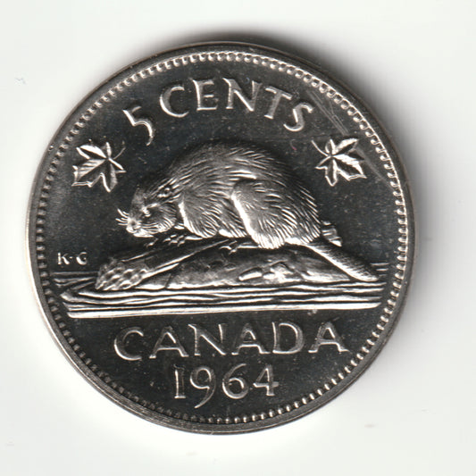 1964 Canada 5 cent coin, Brilliant Nickel PL-65 from Proof-Like(PL) set