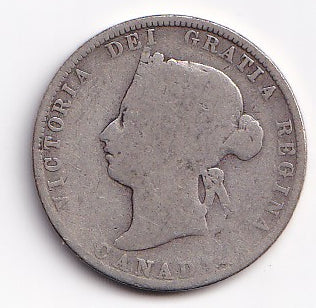 1874‑H Canadian 25 cents (Queen Victoria “Laureate” quarter) in About Good to Good (AG‑3 to G‑4) condition