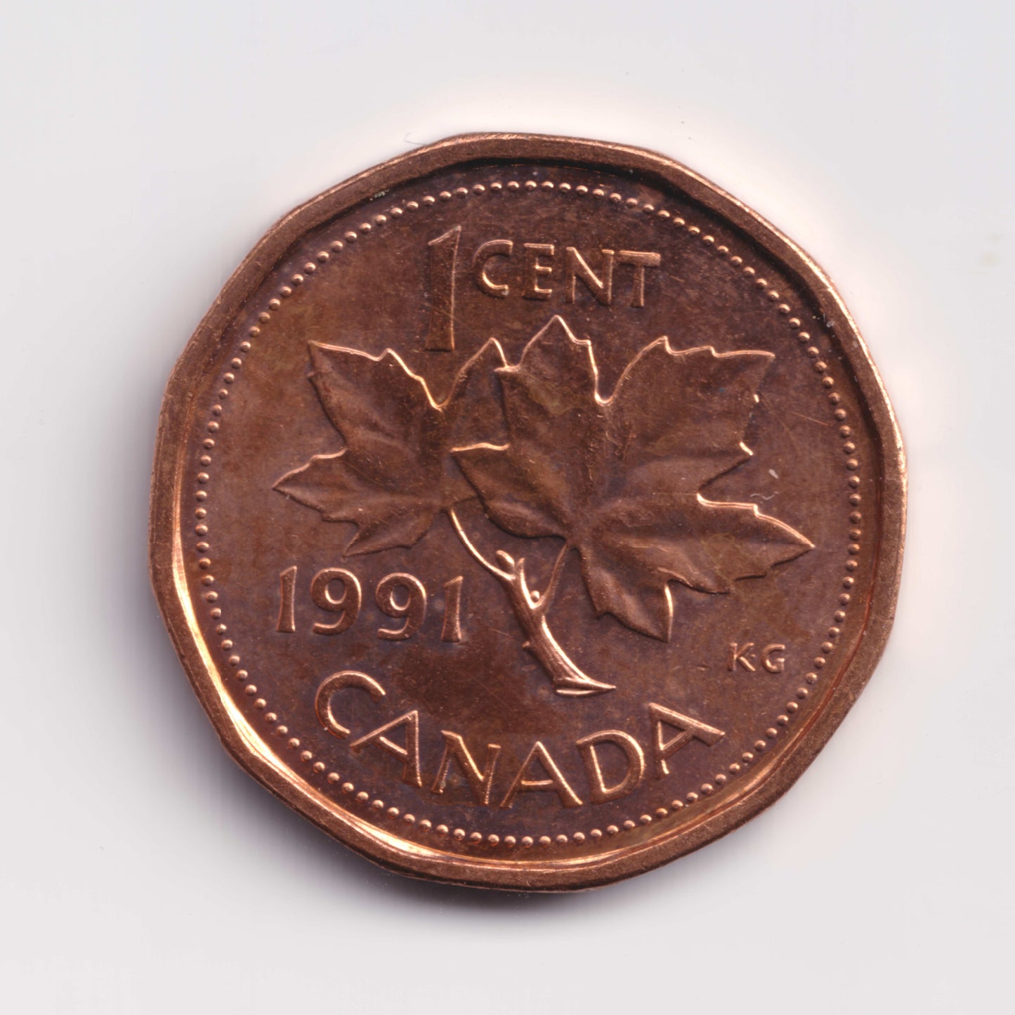 1991 Canadian 1-cent coin standard dodecagonal design - VF-20 (moderate wear, major details clear) to XF-40