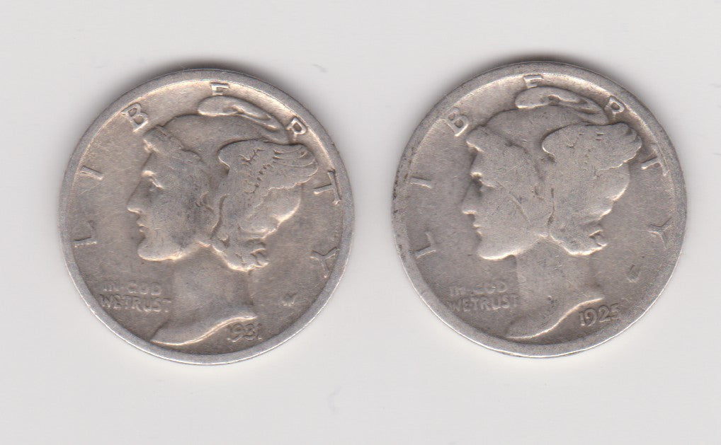 90% silver, United States of America 10 cent coins (2 dimes), 1925 and 1931