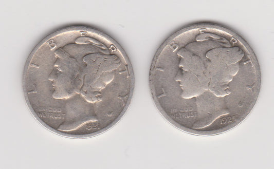 90% silver, United States of America 10 cent coins (2 dimes), 1925 and 1931