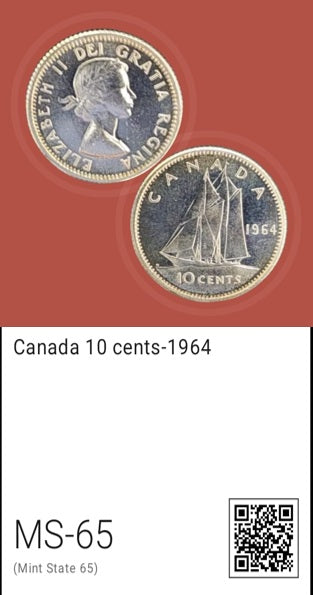 1964 Canada dime, 10 cent, Brilliant single coin PL 65 from Proof-Like(PL) set