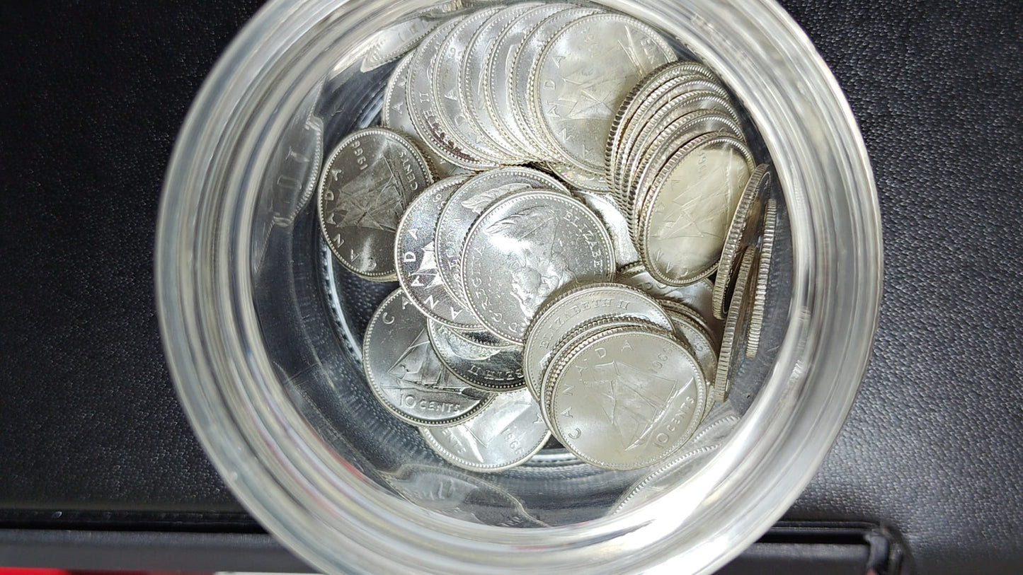1 single coin from BU roll - 10 cent Canada dime 1966 - Brilliant Uncirculated - 80% silver