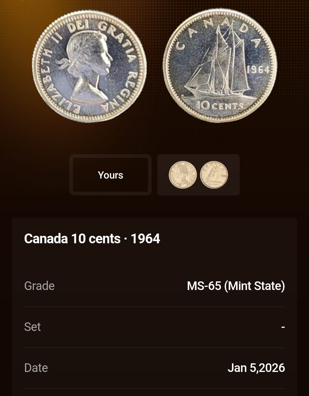 1964 Canada dime, 10 cent, Brilliant single coin PL 65 from Proof-Like(PL) set